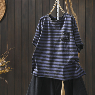 胖mm复古慵懒风日常舒适圆领流行上衣 条纹短袖 夏季 t恤女2026新款