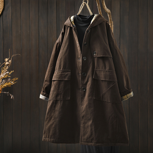 连帽中长款棉袄女款2025新款冬季高级感口袋保暖复古宽松时尚棉服