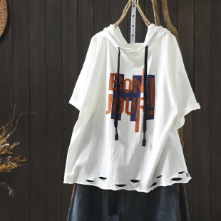 连帽字母印花破洞卷边时尚 夏大码 绝美上衣 女t恤2026新款 白色短袖
