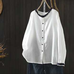 白色衬衫女2026开春新款双层棉纱撞色领宽松百搭正流行长袖白衬衣