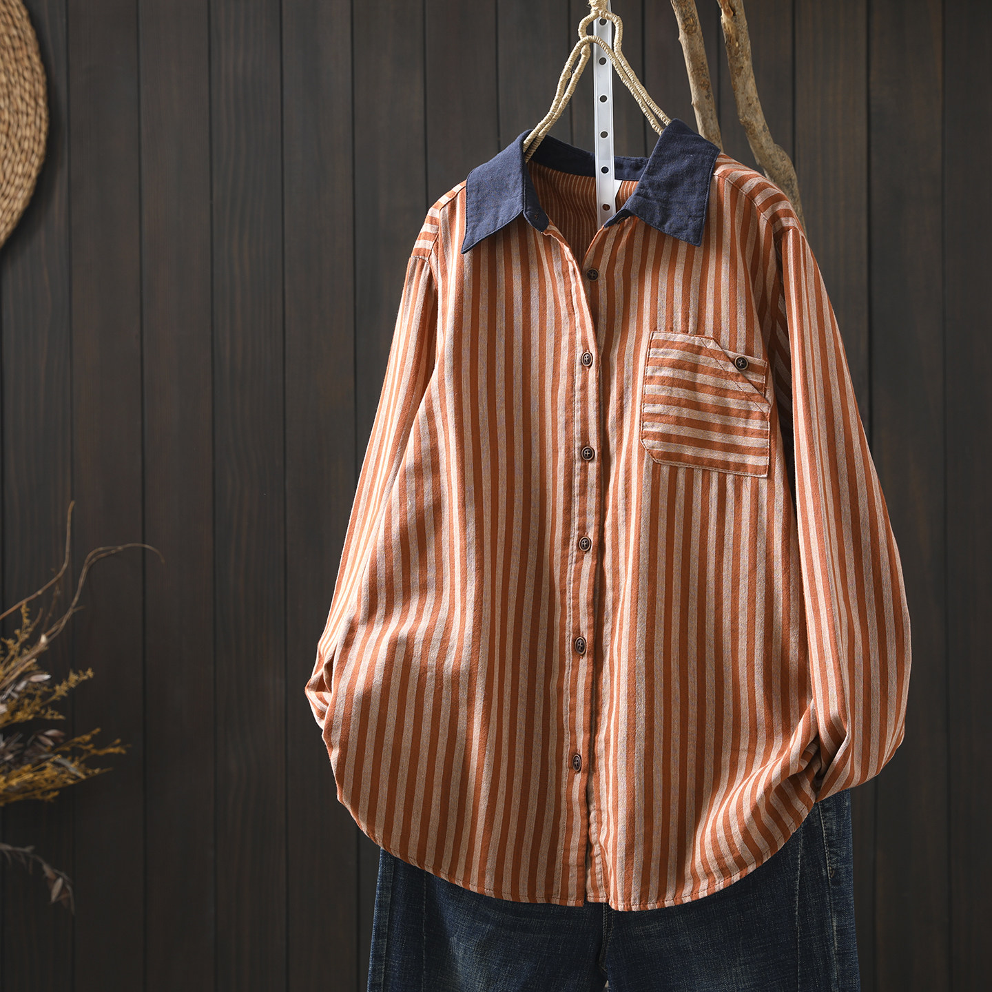 纯棉衬衫女款2026新款春条纹双层纱设计感撞色领小众宽松百搭小衫