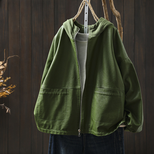 绿色软皮夹克女外套2025新款秋季连帽双口袋宽松洋气复古PU皮衣潮