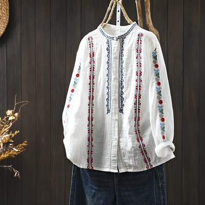民族风刺绣纯棉立领新中式衬衫女长袖2025新款秋宽松遮肉棉纱上衣