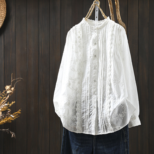 新高级感洋气打底衬衣 女2026春季 花边木耳领刺绣提花纯棉长袖 衬衫