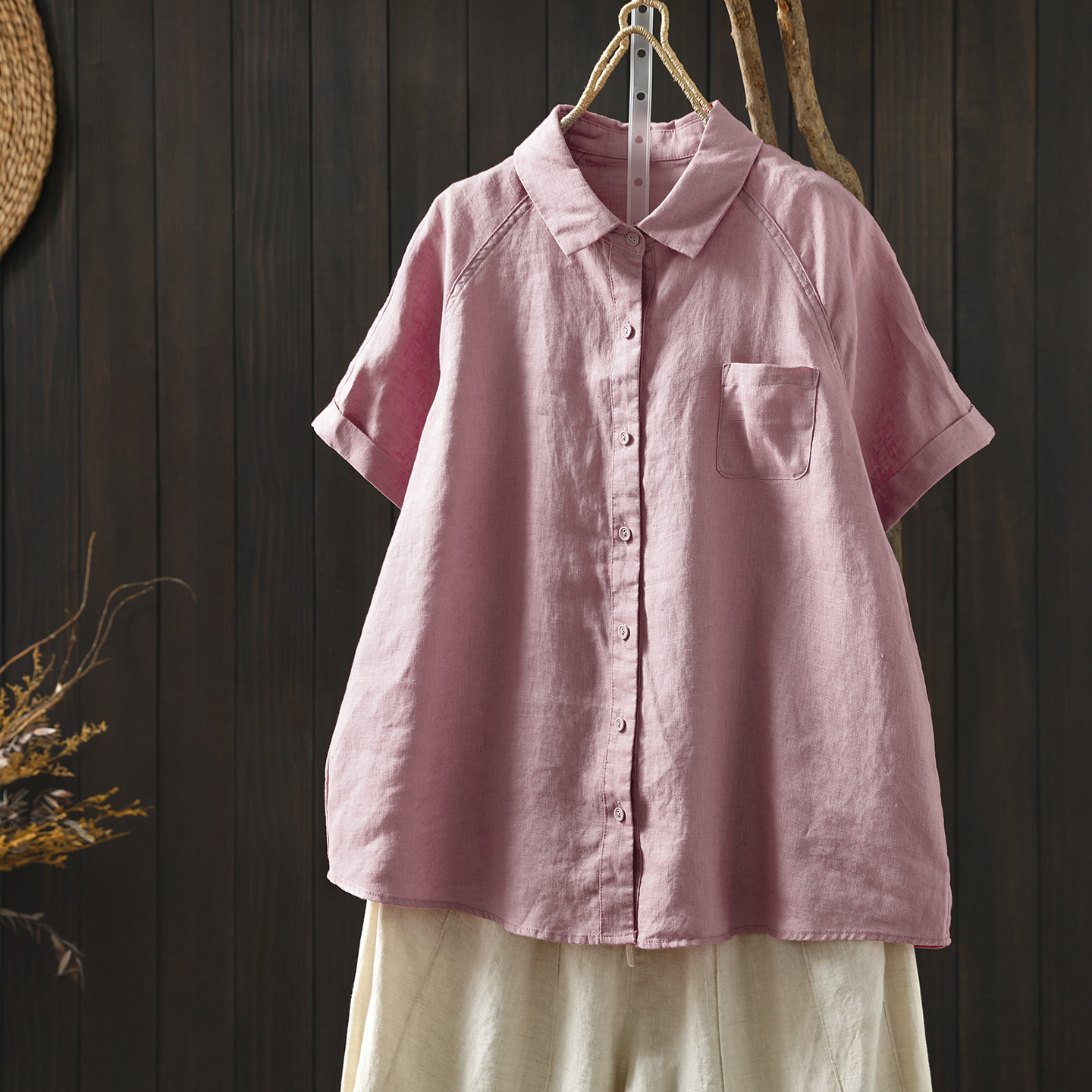 女士衬衫2026新款短袖夏装独特单口袋设计插肩袖粉色亚麻短袖T恤