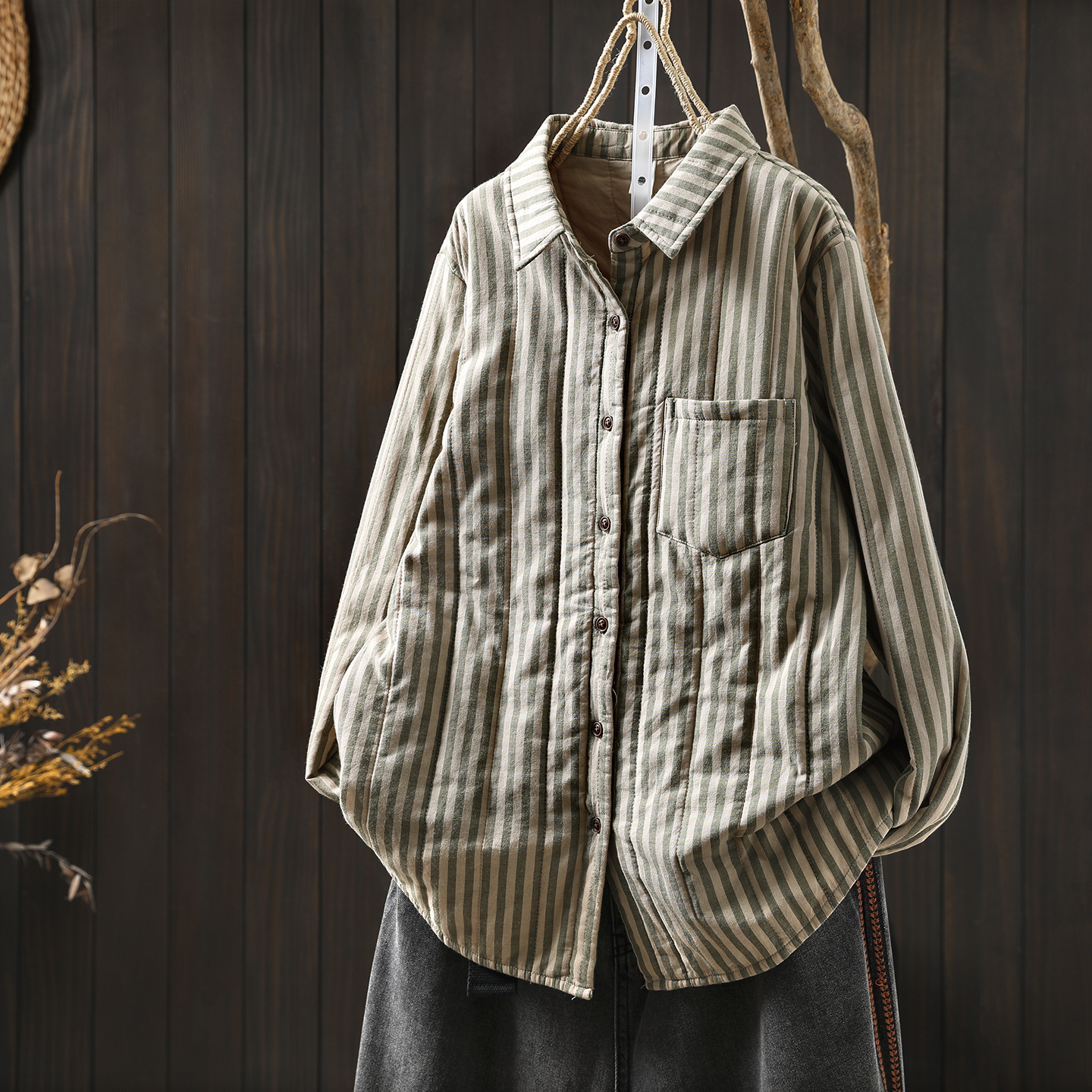 衬衫女款2025新款秋冬绗棉条纹夹棉加厚洋气纯棉百搭单穿打底衬衣