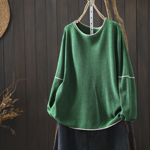 圆领棉线宽松显白简约可外穿小上衣 开春款 绿色女士针织衫 2026新款