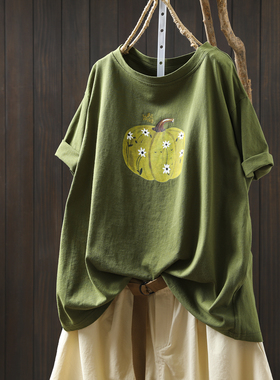 绿色南瓜印花纯棉短袖女t恤2025夏宽松休闲大码圆领遮肉别致上衣