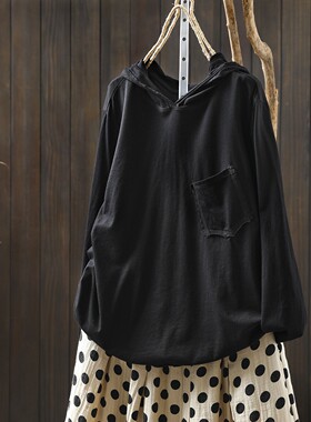 今年流行女装黑色t恤衫春季新款连帽慵懒风可外穿打底衣长袖小衫