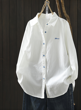 白色衬衫女款2026新款春季字母刺绣纯棉通勤风时尚百搭长袖衬衣衫