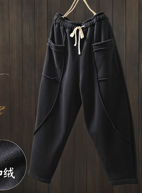 黑色裤子2025新款今年流行爆款女士秋冬加绒设计感毛边宽松休闲裤