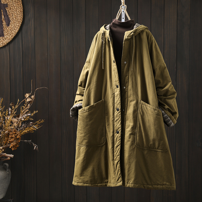 棉衣女款2025新款冬季中长款连帽双口袋加厚保暖超好看夹棉棉服