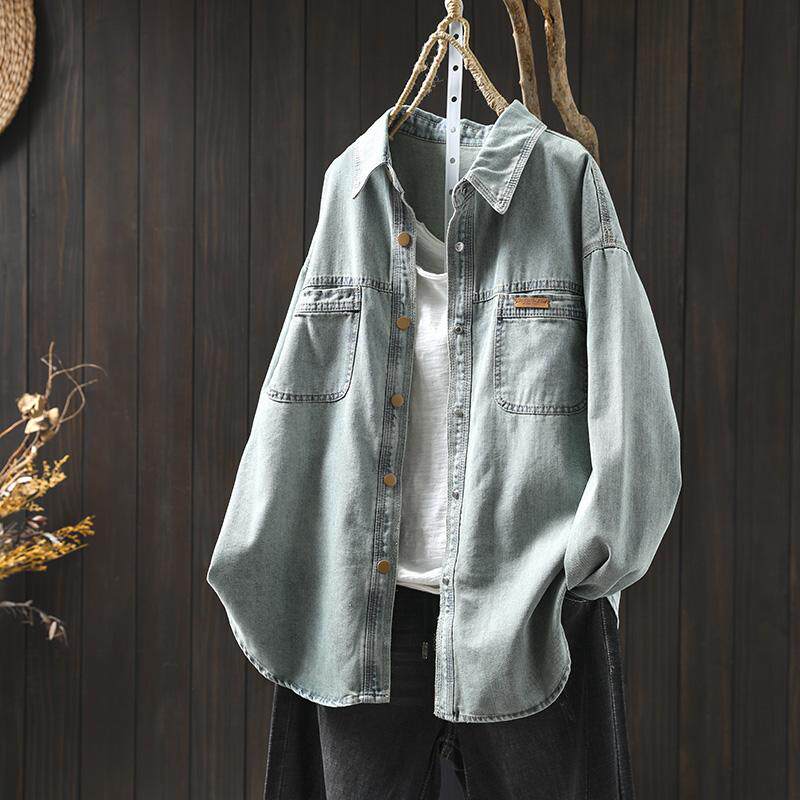双口袋贴标牛仔衬衫外套女宽松2026春季新款复古休闲单排扣开衫