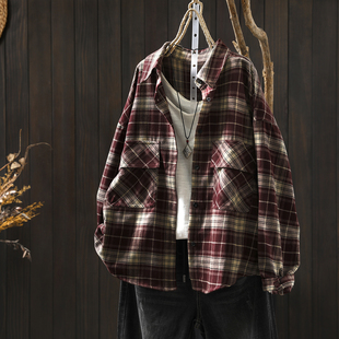 格子衬衣女款2025新款爆款秋季磨毛双口袋宽松独特超好看单穿衬衫