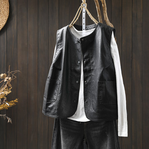 宽松复古常规皮衣马甲