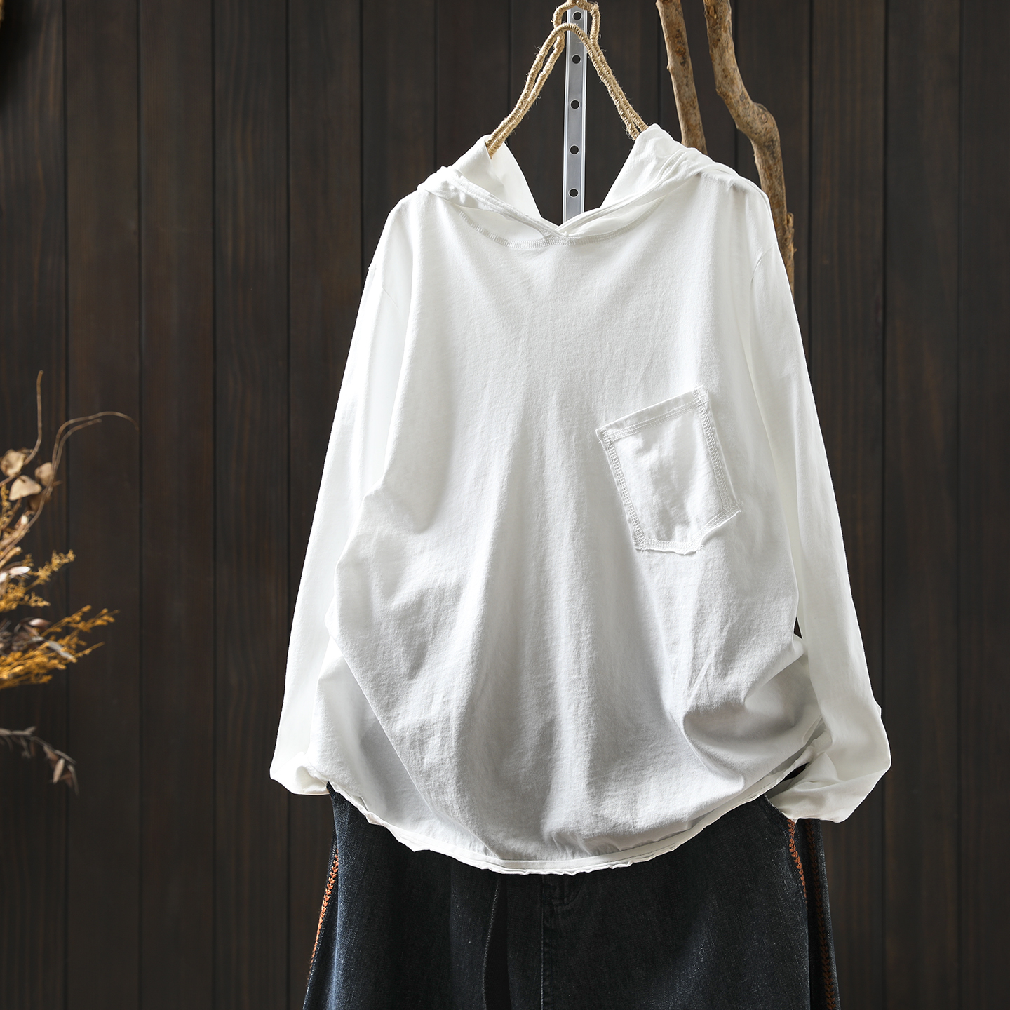 白t恤女2025秋季新款连帽长袖纯色极简卷边设计感外穿打底衫上衣