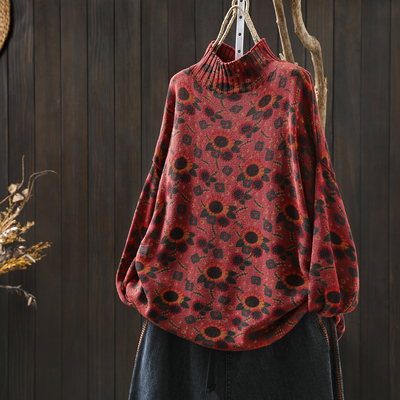 毛衣可外穿内搭女2025秋冬新款红色半高领印花慵懒宽松棉线针织衫