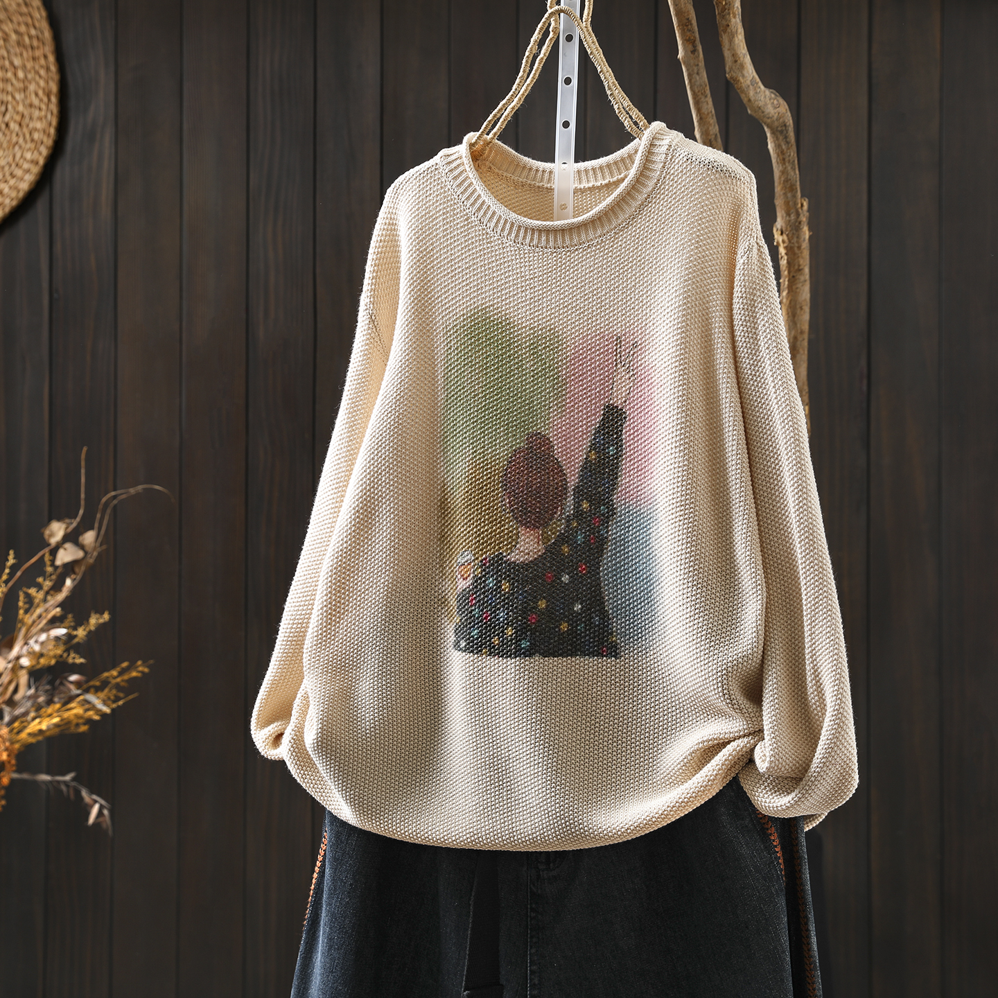 毛线衣慵懒松弛感女2025秋冬季新款女孩印花减龄宽松显瘦针织毛衣