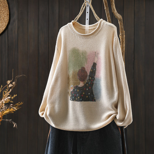 毛线衣慵懒松弛感女2026秋冬季新款女孩印花减龄宽松显瘦针织毛衣