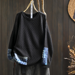 套头线衣 遮肉春秋复古休闲个性 袖 口贴布棉线针织毛衣女宽松大版