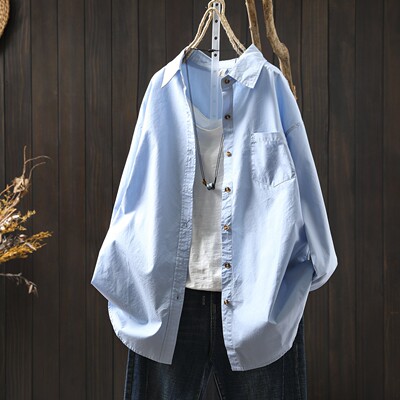 蓝色衬衫女款2026新款爆款春长袖黄色纯棉翻领中长款衬衣外搭上衣