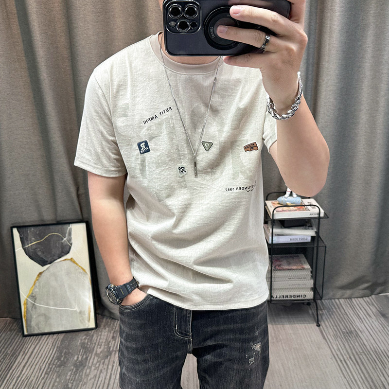 棉麻短袖t恤2026夏季新款男装圆领修身薄款半袖体恤衫中老年男装