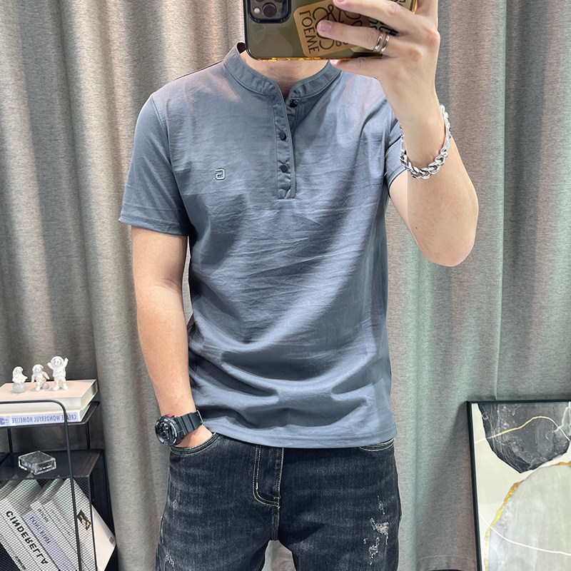 立领短袖t恤衫男士2026夏季新款高端男装棉麻半袖体恤衫简约上衣