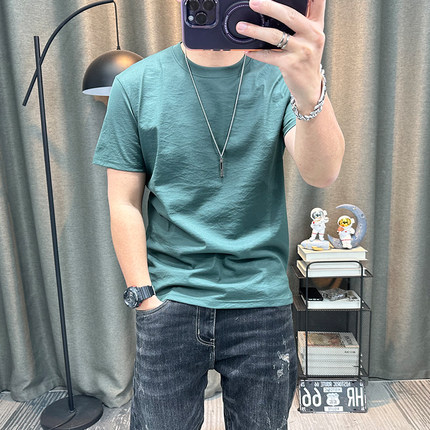 纯色短袖t恤衫男士简约汗衫半袖薄款棉麻高端男装衣服休闲体恤衫