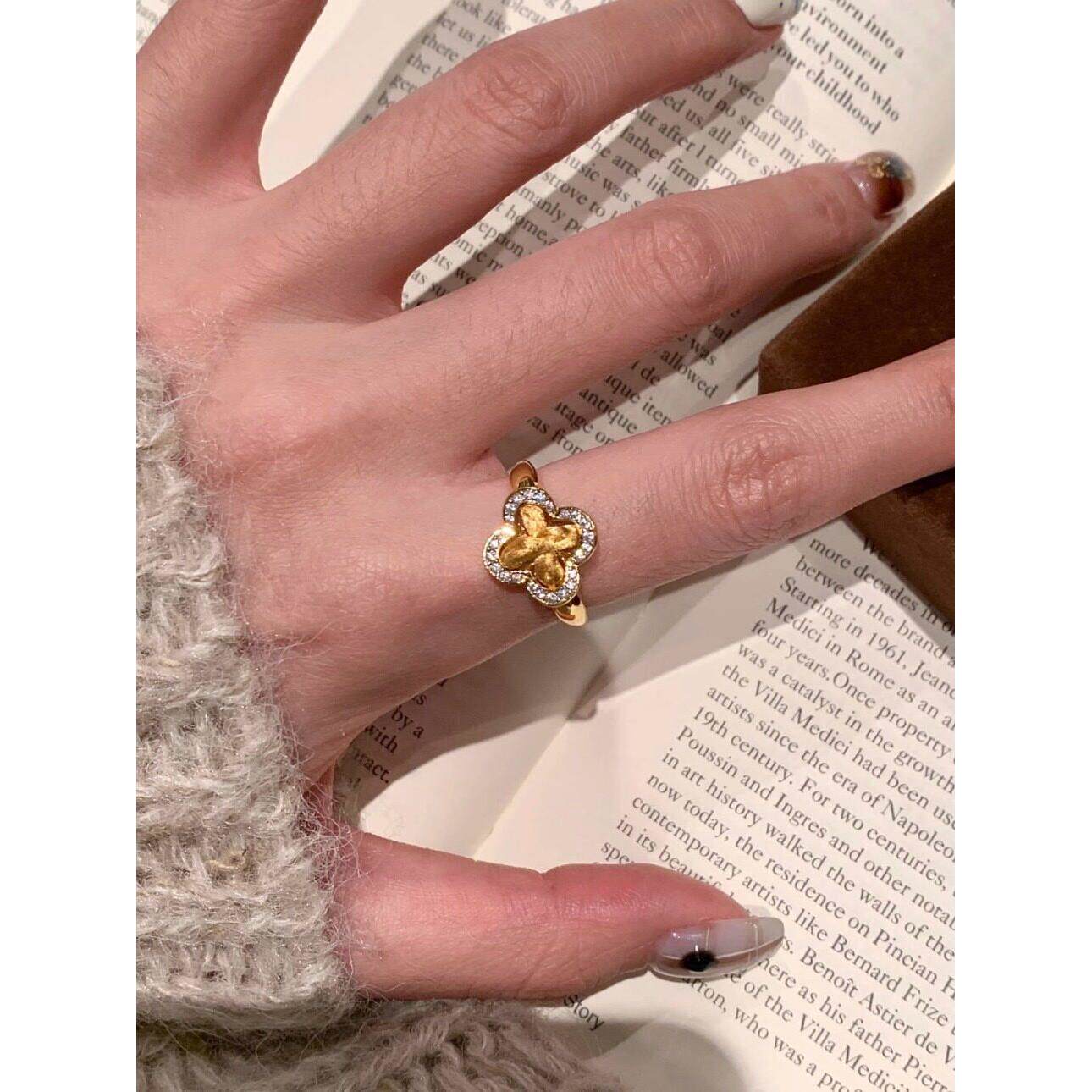 中古风点钻拉丝四叶草开口戒指