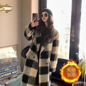 格子毛呢大衣女秋冬款 双排扣西装 领外套过膝夹棉复古风衣学生宽松