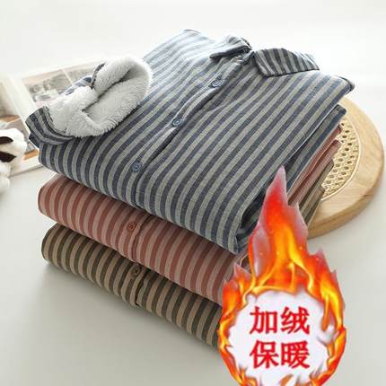 纯棉条纹加绒保暖打底衬衫女秋冬新款加厚休闲显瘦衬衣长袖学生女