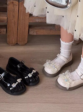 女童公主鞋2026春季新款儿童时尚玛丽珍鞋女孩春花珍珠装饰小皮鞋