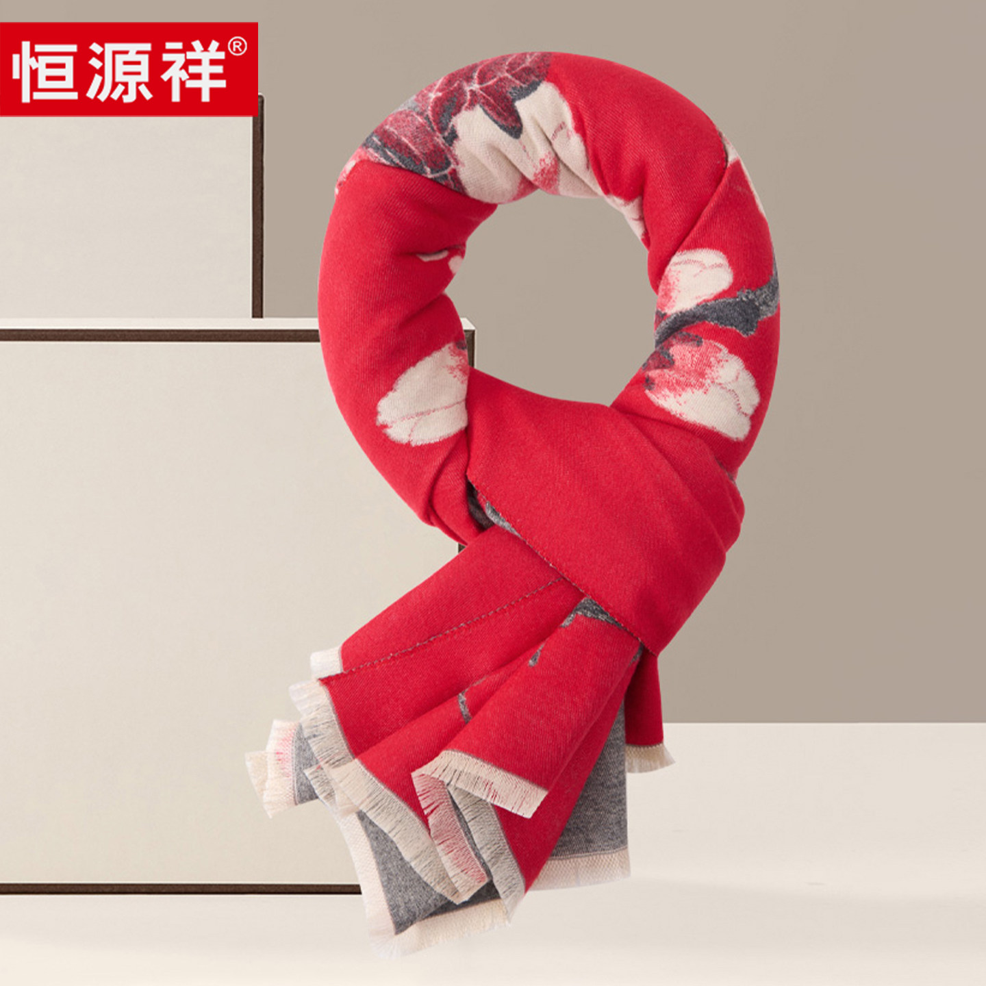 「暖心款」海棠花红色披肩围巾女秋冬中式送妈妈生日礼物护颈围脖