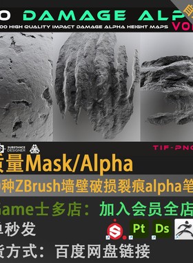 100种ZBrush建筑墙壁混泥土破损毁坏裂痕损坏alpha笔刷