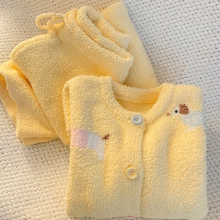 加厚珊瑚绒可外穿家居服套装 开衫 新款 可爱卡通腊肠小狗睡衣女冬季