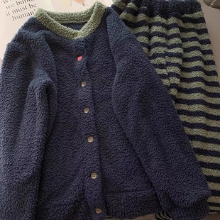 条纹家居服套装 开衫 韩系半边绒睡衣女ins甜美加厚保暖新款 秋冬季