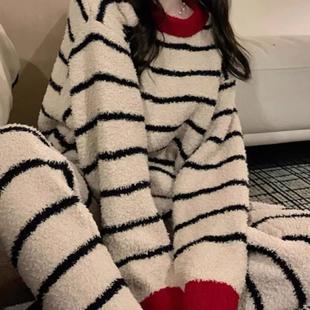 家居服 简约条纹毛绒保暖休闲珊瑚绒套装 半边绒睡衣女冬季 加厚韩版