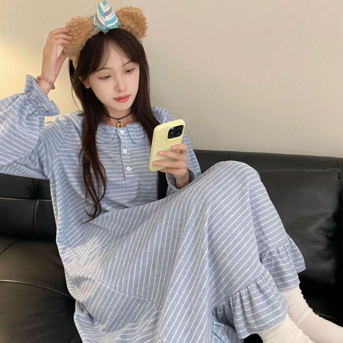 睡裙女秋冬季日系ins条纹高级感