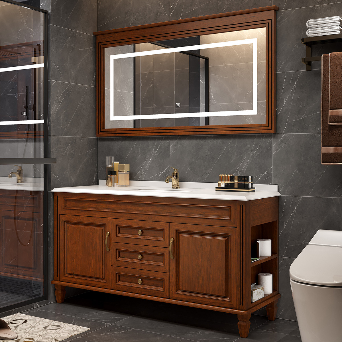 欧式实木浴室柜组合落地式洗脸盆智能卫生间洗漱台定制双人台盆柜