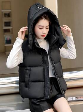 羽绒棉马甲背心亮面韩版可卸帽女