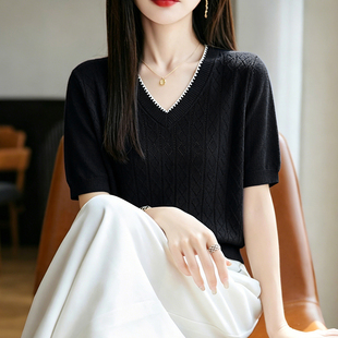 v领短袖t恤女款2026新款爆时尚洋气大码宽松显瘦百搭镂空针织上衣