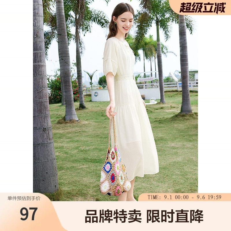 betu百图绑带收腰连衣裙夏复古飘逸减龄连衣裙双色可选图片