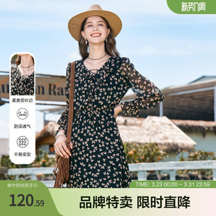 betu百图新款 碎花系带复古气质高腰显瘦连衣裙子