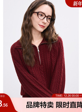 betu百图红色氛围感毛衣半拉链翻领宽松短款套头毛衣女