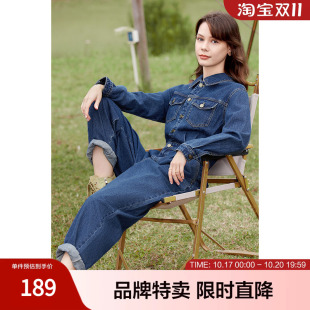 betu百图工装牛仔连体裤春新款酷帅工装长袖阔腿牛仔连体裤女