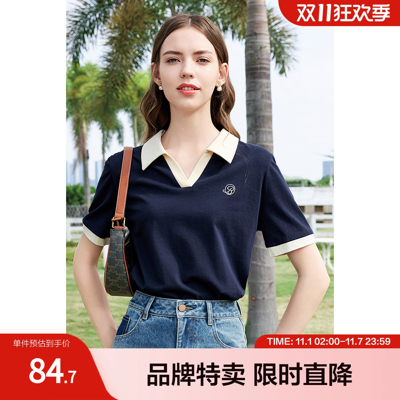 betu百图P0LO领T恤春夏时髦拼色宽松百搭短裤T恤女