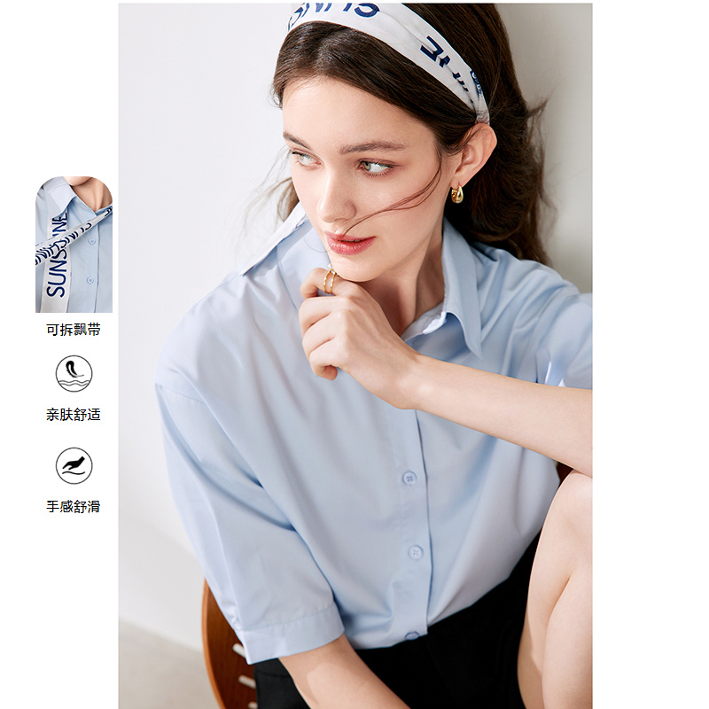 betu百图飘带衬衫夏款宽松落肩袖可拆卸飘带翻领中袖女式衬衫