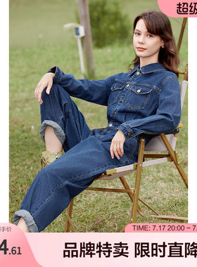 betu百图工装牛仔连体裤春新款酷帅工装长袖阔腿牛仔连体裤女