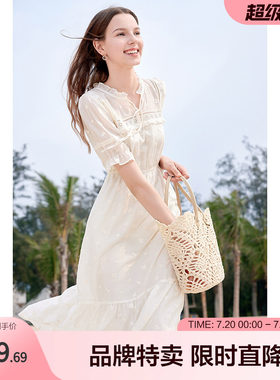 betu百图纯色仙女裙夏荷叶边系带领甜美精致刺绣中长款连衣裙