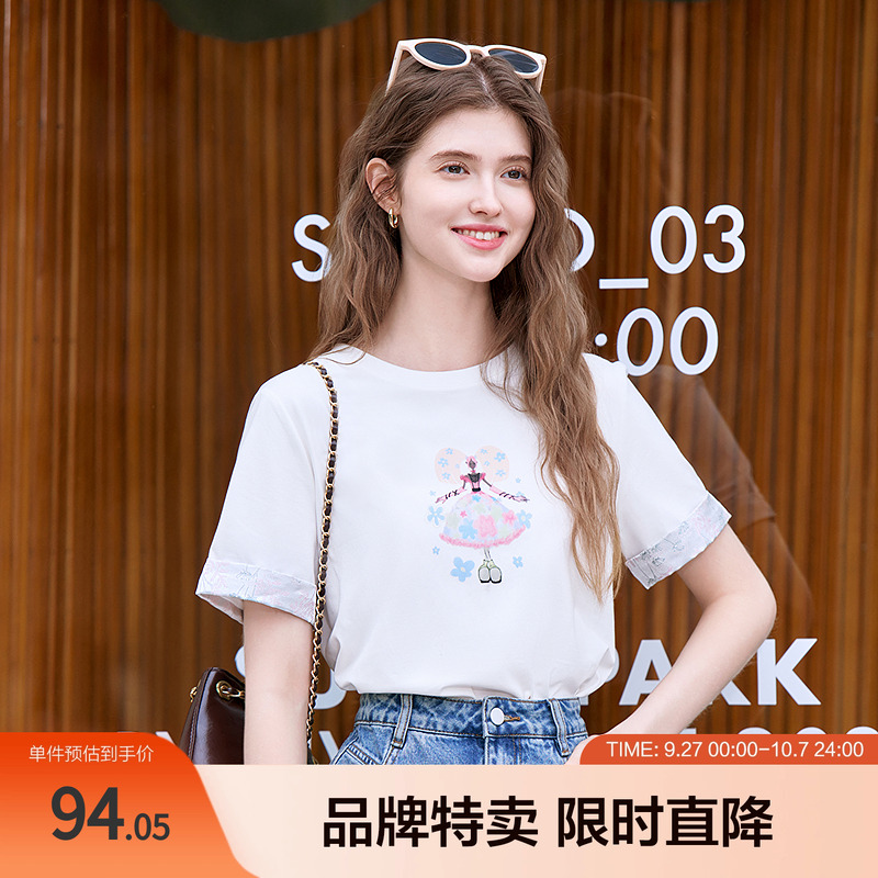 2025百图卡通美少女印花T国风面料拼接套头圆领短袖T恤